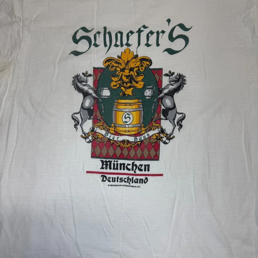Vintage 1989 Oneita Power-T Schaefer's Munich tee L Germany crest‎ graphic